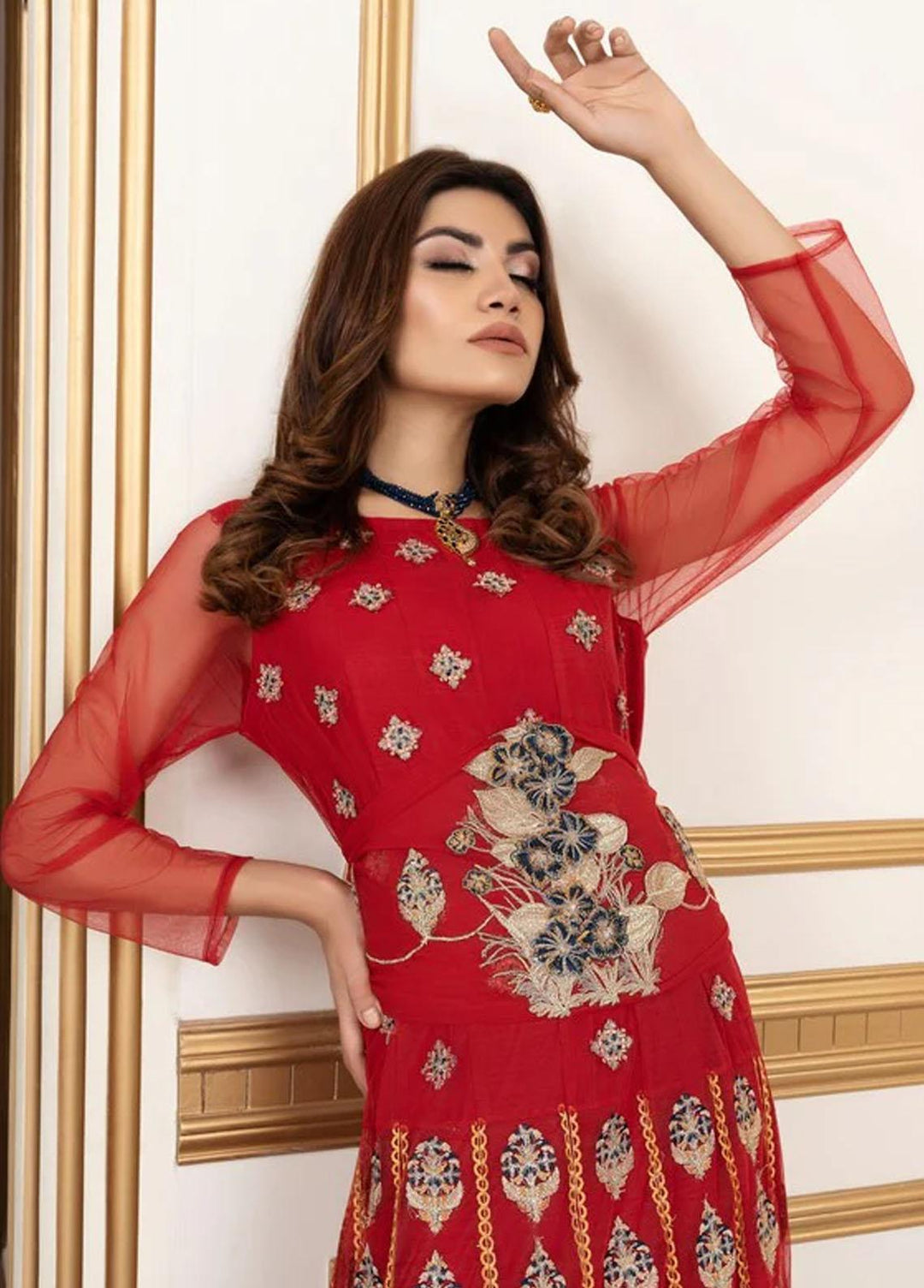 Shahnai By Norans Embroidered Net Suits Unstitched 3 Piece NRS22S NLC-02 Alizah-Red - Luxury Collection