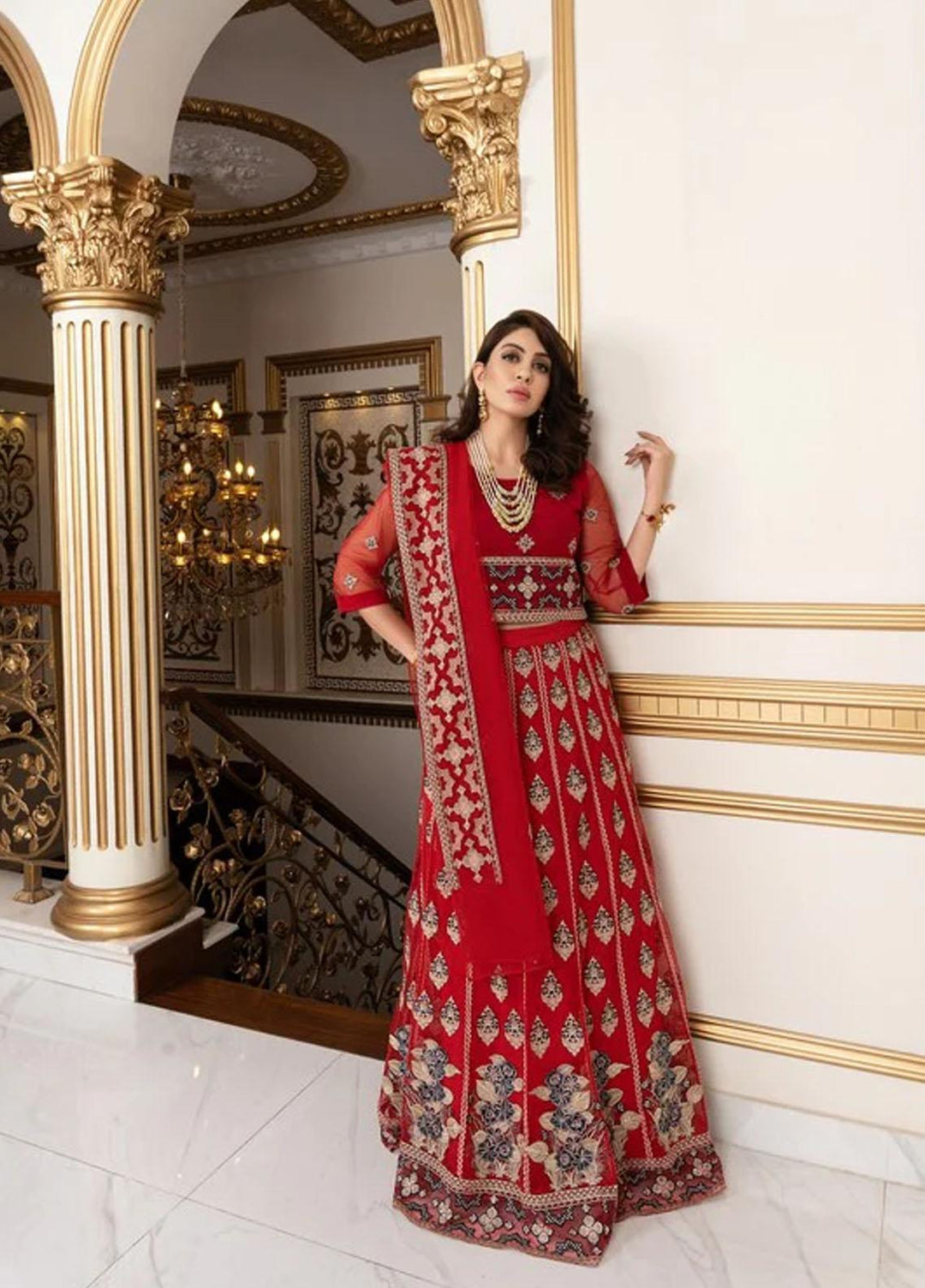 Shahnai By Norans Embroidered Net Suits Unstitched 3 Piece NRS22S NLC-02 Alizah-Red - Luxury Collection