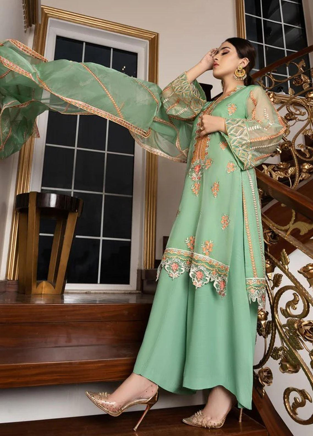 Shahnai By Norans Embroidered Organza Suits Unstitched 3 Piece NRS22S NLC-06 Zoella-Mint Green - Luxury Collection
