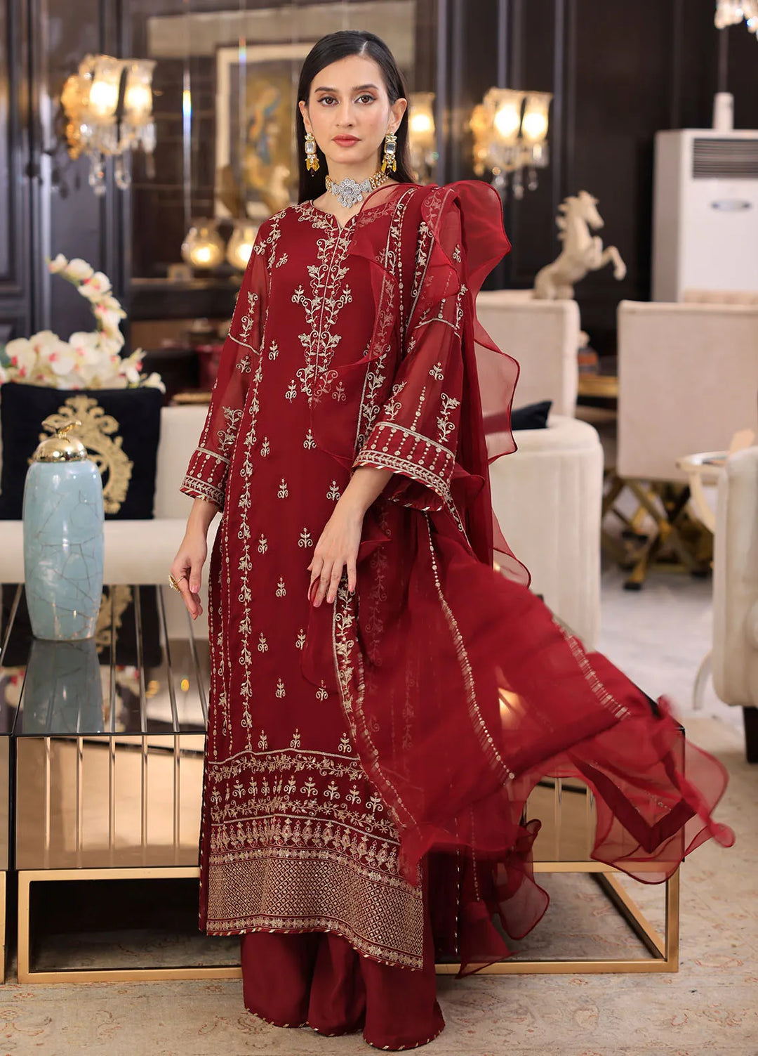 Shahzeb Textiles Pret Embroidered Chiffon 3 Piece Suit Aesthetic Maroon