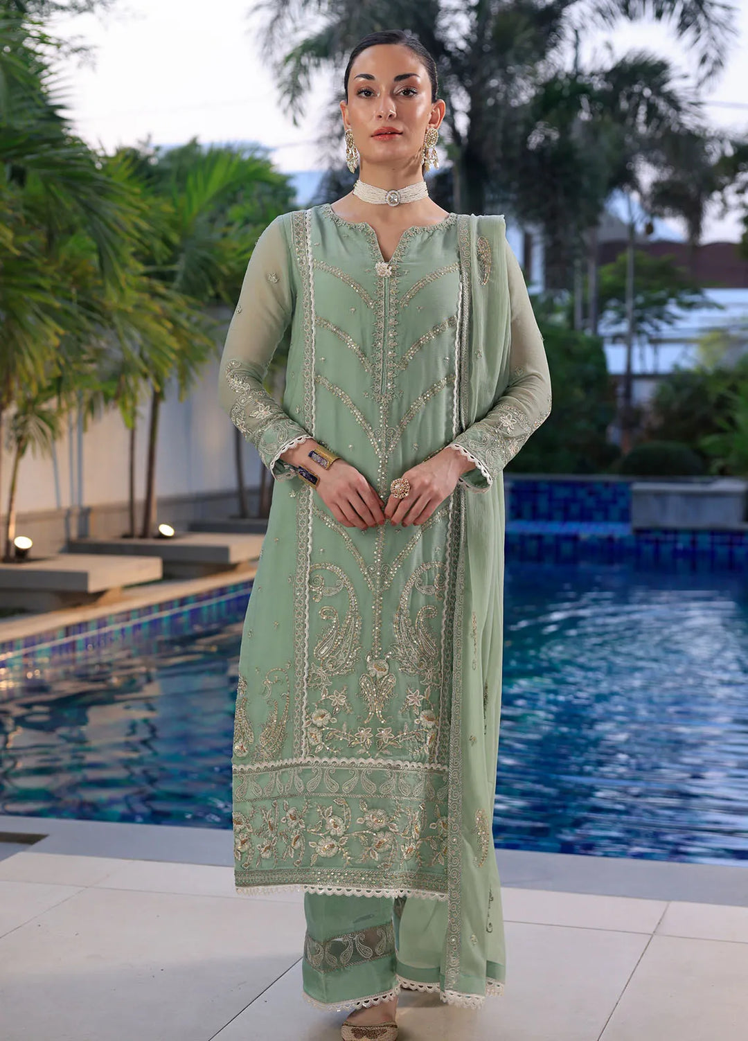 Shahzeb Textiles Pret Embroidered Chiffon 3 Piece Suit Olive Green
