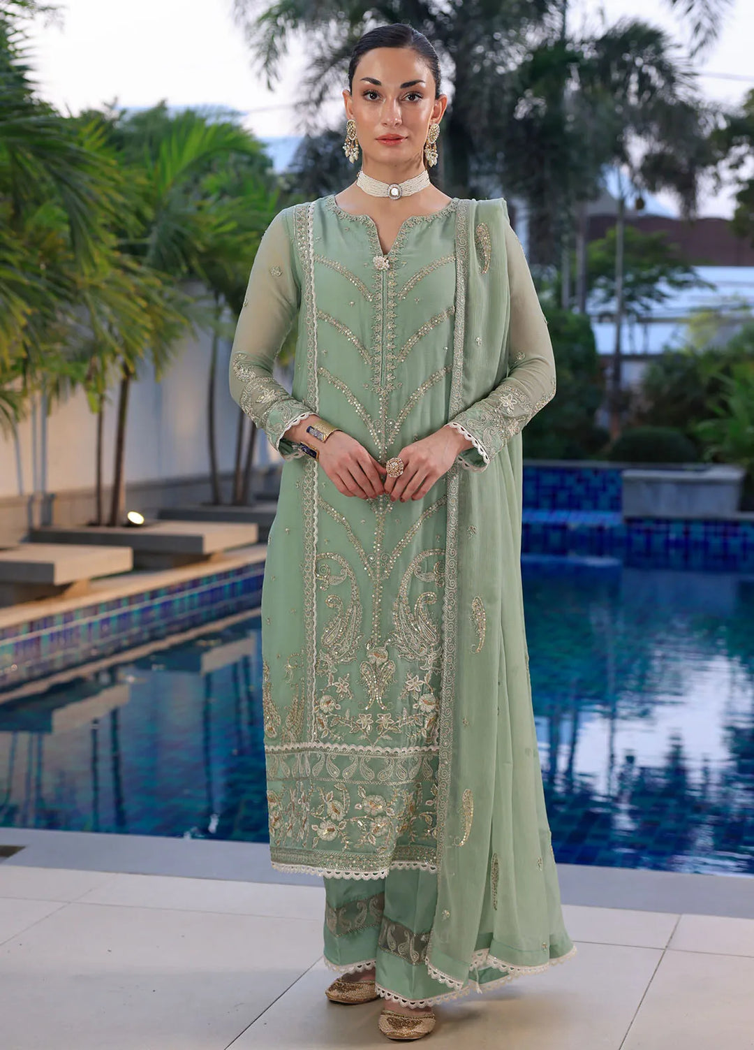 Shahzeb Textiles Pret Embroidered Chiffon 3 Piece Suit Olive Green