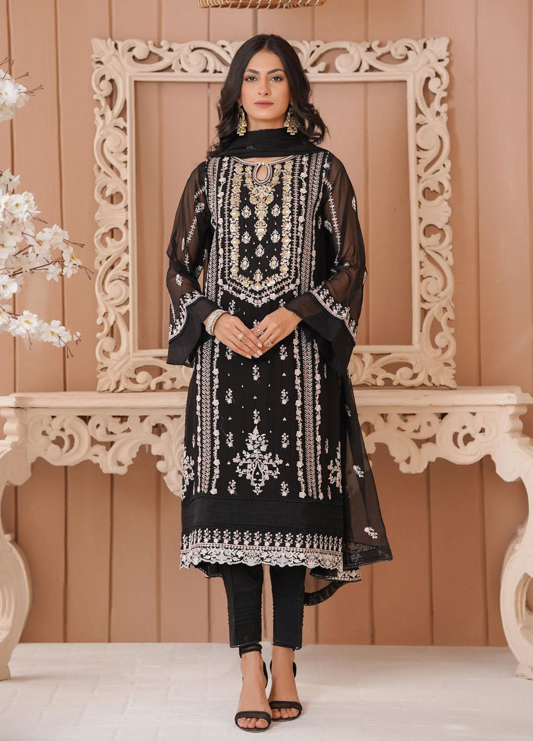 Shamooz Luxury Pret  Chiffon 3 Piece Suit Black/SEM-0383