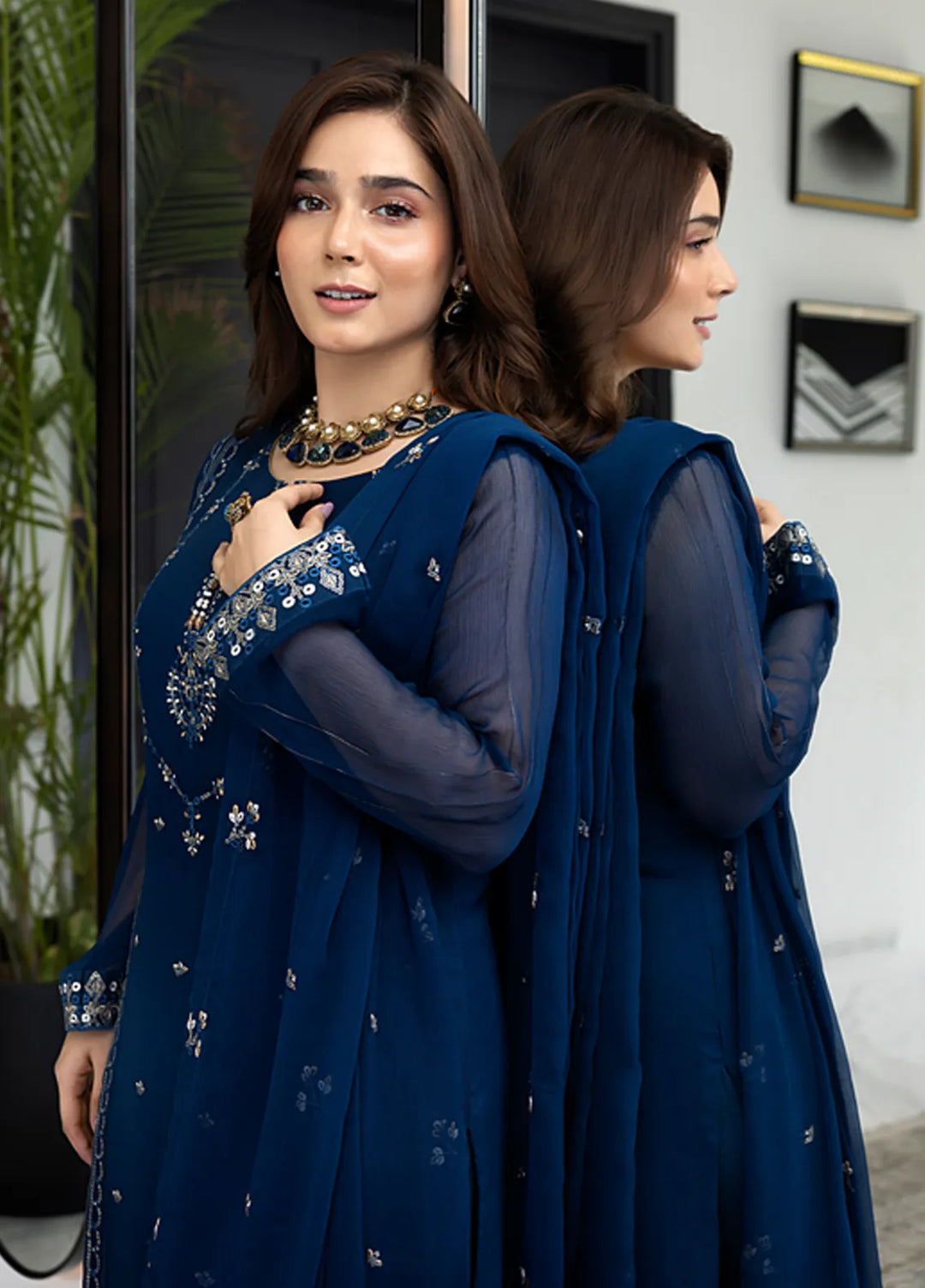 Shamooz Pret Embroidered Chiffon 3 Piece Suit Blue Berry SEM-0742