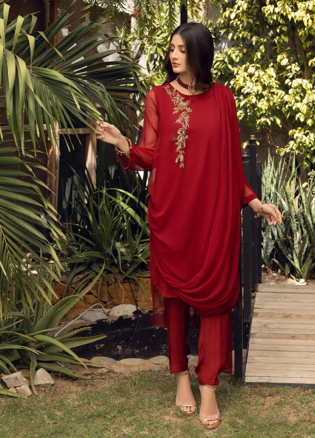 Shamooz Luxury Pret  Chiffon 3 Piece Dress SEM-0406 Red Rose