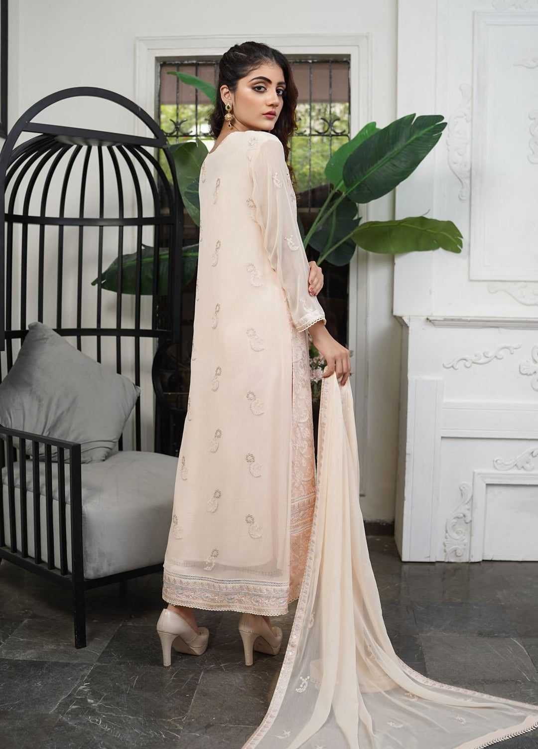 Shamooz Embroidered Chiffon Suits Unstitched 2 Piece SHM22UN Soft Peach SU-011 - Luxury Festive Collection