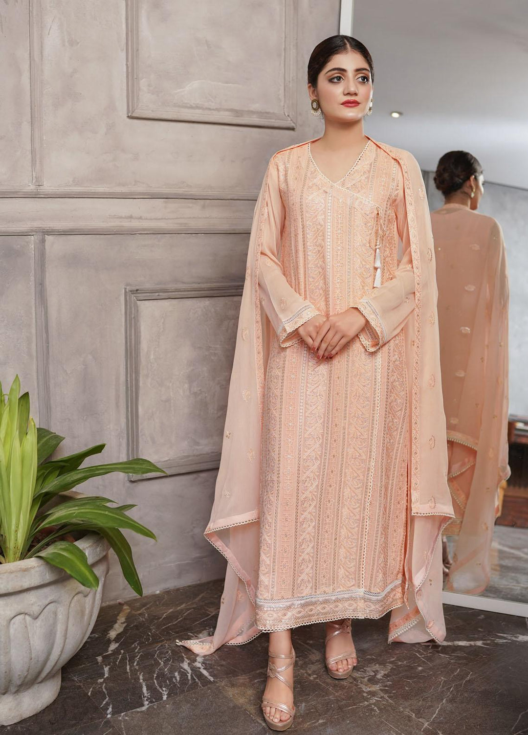 Shamooz Embroidered Chiffon Suits Unstitched 2 Piece SHM22UN Peach SU-013 - Luxury Festive Collection