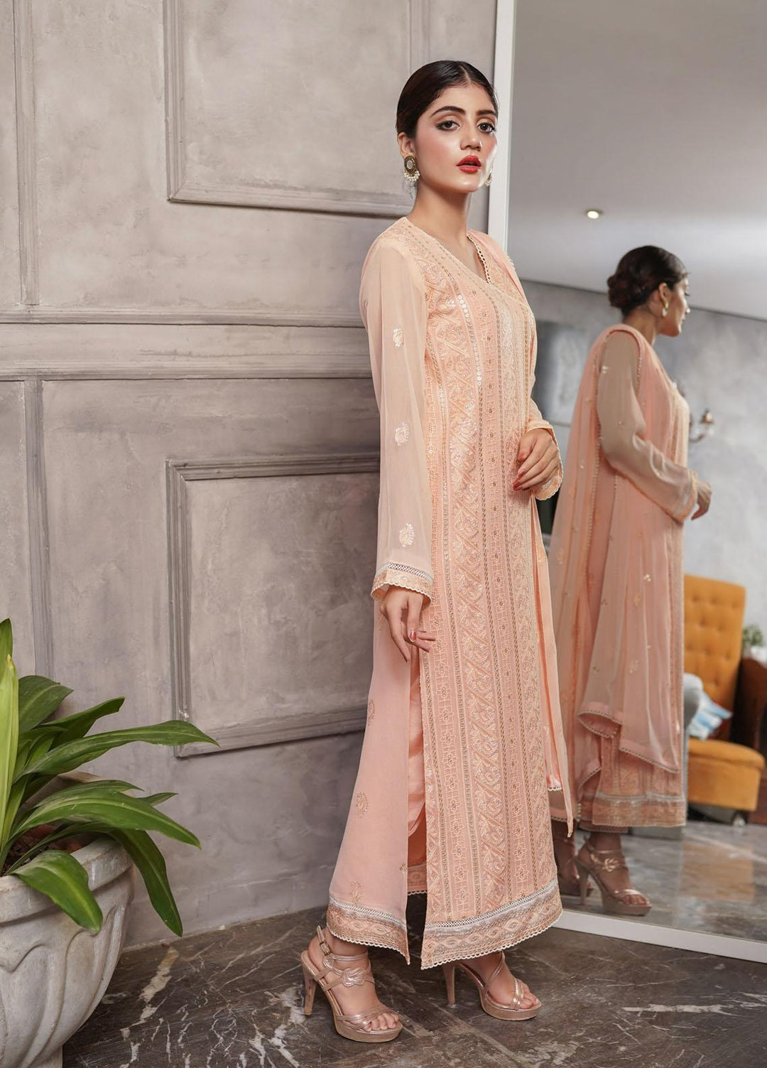 Shamooz Embroidered Chiffon Suits Unstitched 2 Piece SHM22UN Peach SU-013 - Luxury Festive Collection