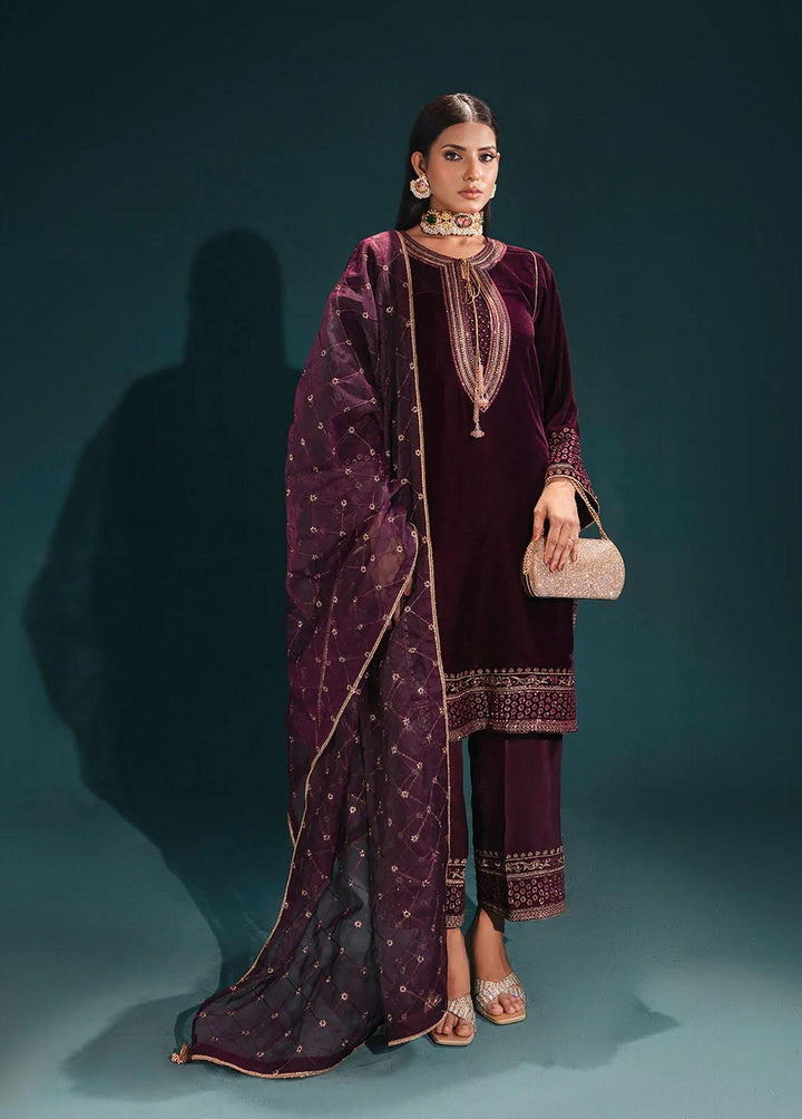 Aroush By Shanyera Embroidered Velvet Suits Unstitched 3 Piece SHN22AV Cherry Purple - Winter Collection