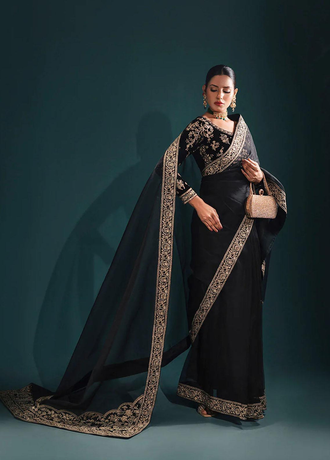 Aroush By Shanyera Embroidered Velvet  Unstitched Saree SHN22AV Midnight Bloom - Winter Collection