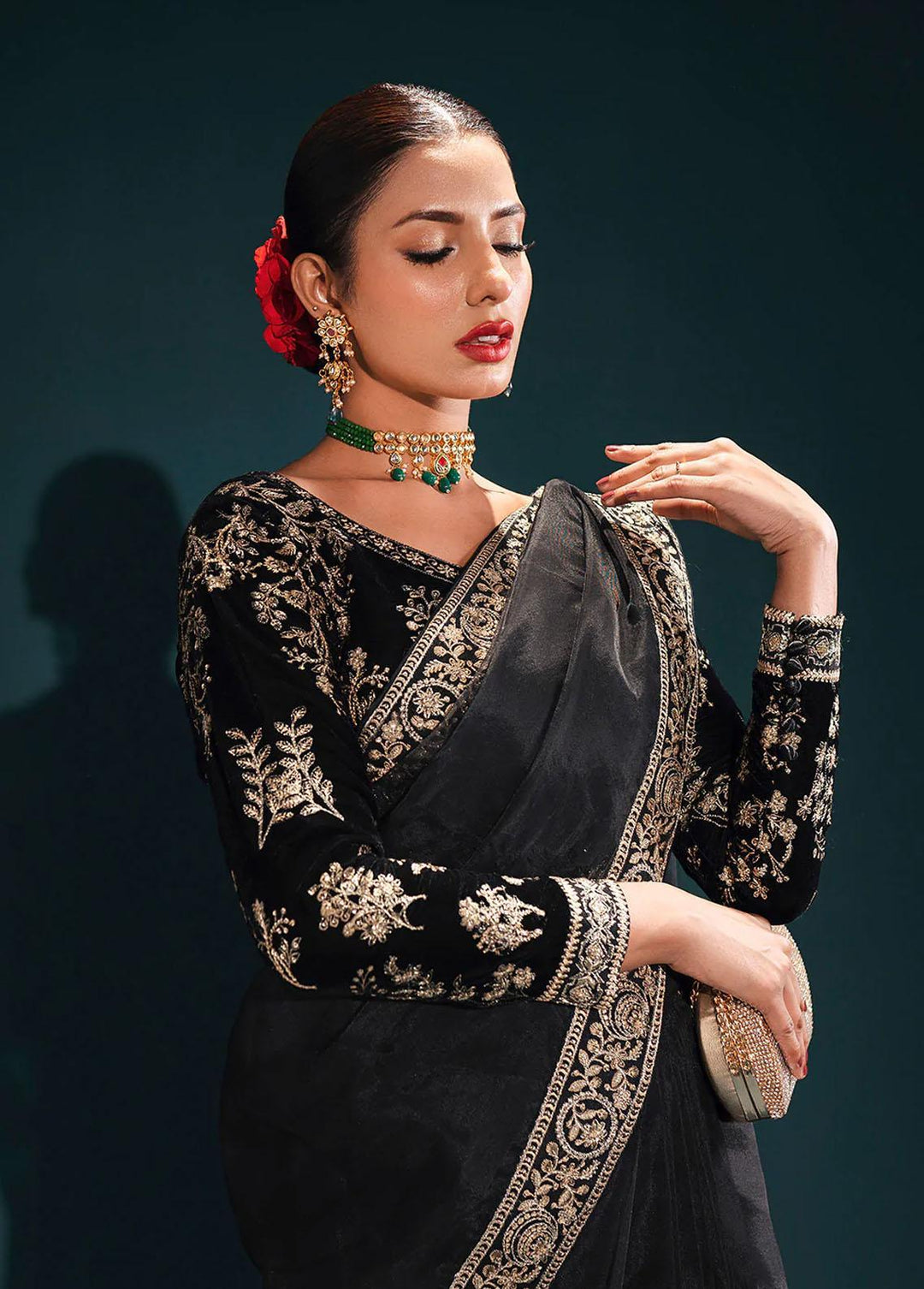 Aroush By Shanyera Embroidered Velvet  Unstitched Saree SHN22AV Midnight Bloom - Winter Collection
