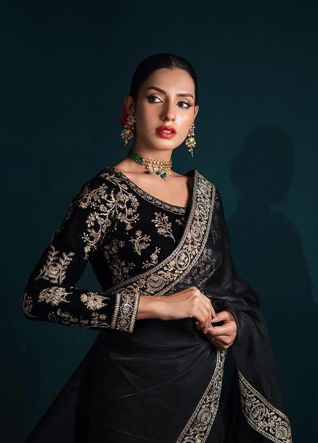 Aroush By Shanyera Embroidered Velvet  Unstitched Saree SHN22AV Midnight Bloom - Winter Collection