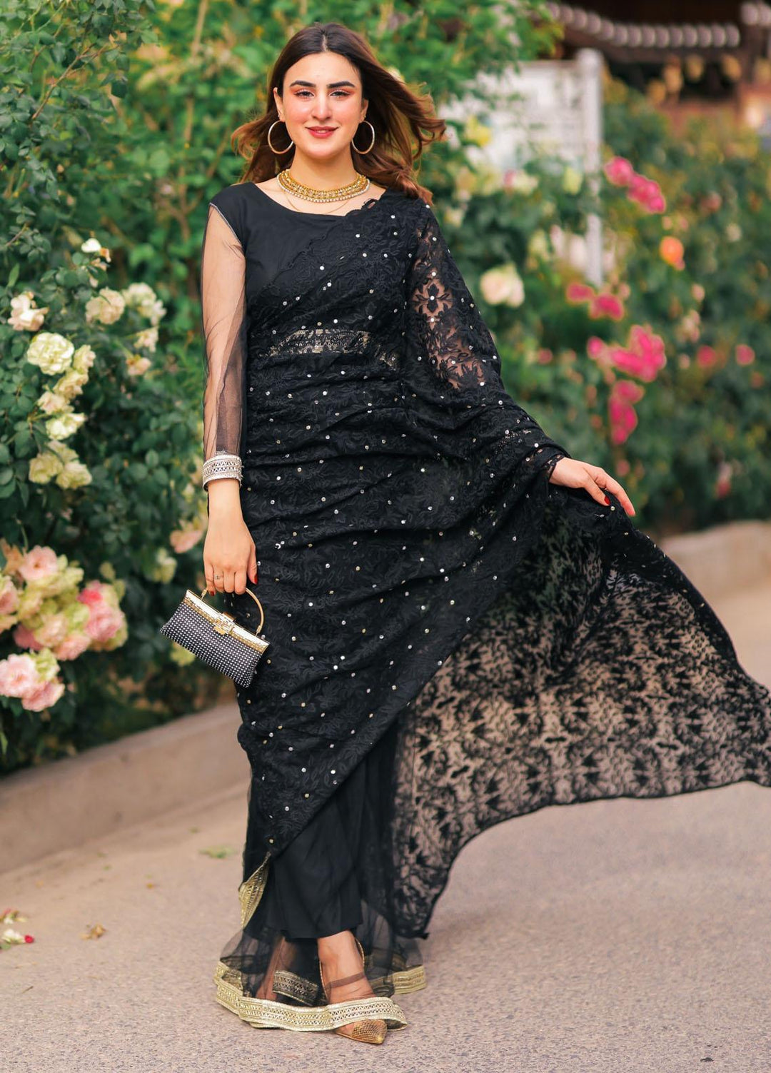 Sidra Mumtaz Luxury Pret Embroidered Net Saree MOONLESS NIGHT