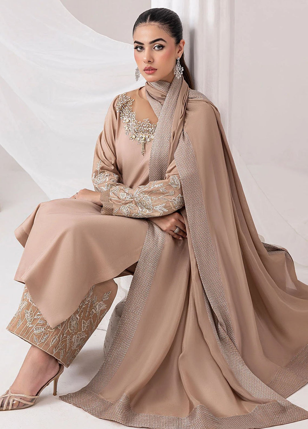 Silk Ivy by Jamnii Pret Embroidered Silk 3 Piece Suit Desert Rose