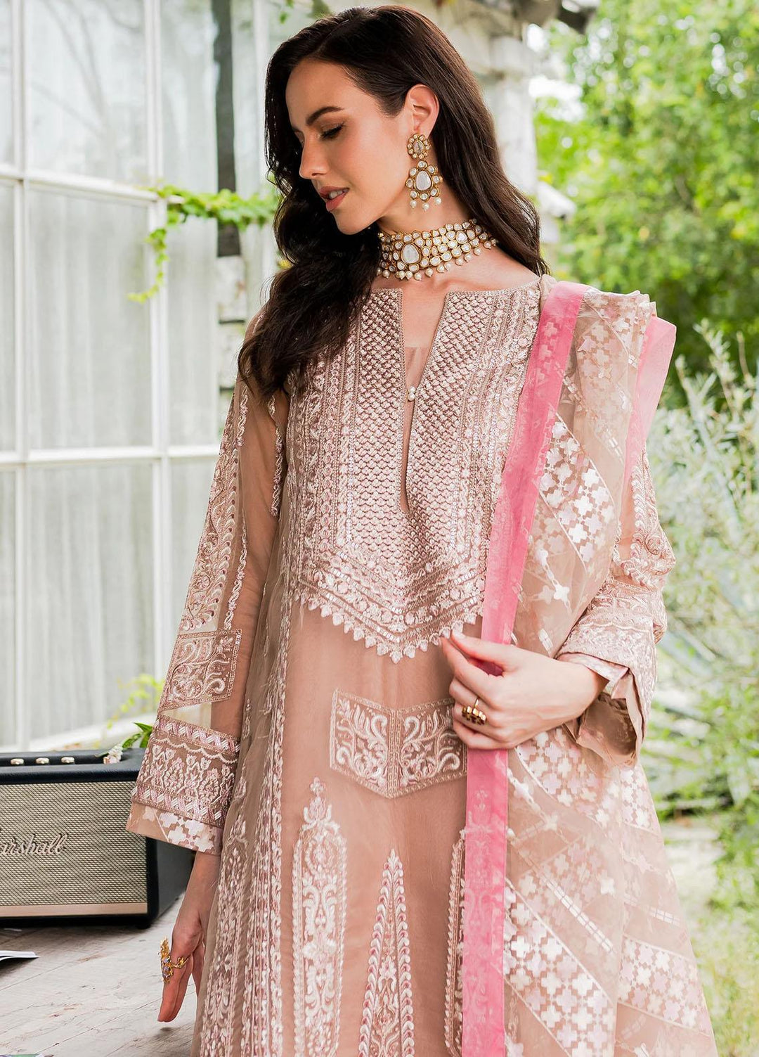 Sorina By Maryum N Maria Embroidered Organza Suits Unstitched 3 Piece MNM23SO MW23-503 Peach Beige - Formal Collection