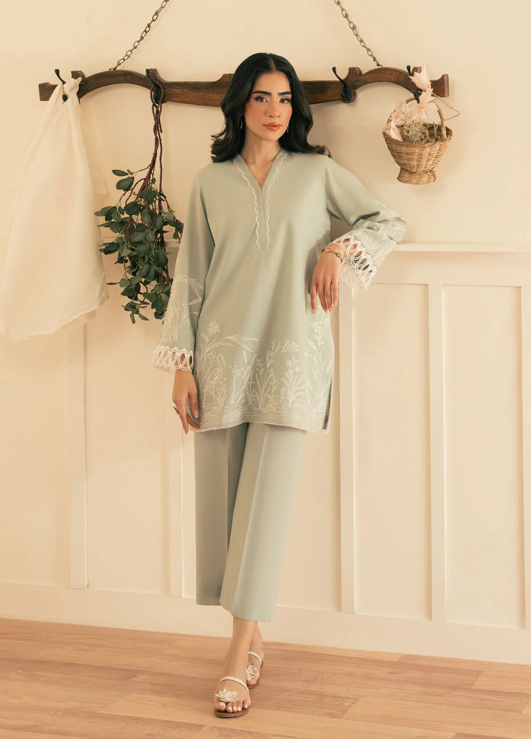 Spring Summer by Sahar Pret Embroidered Cambric 2 Piece Suit Silver Sage