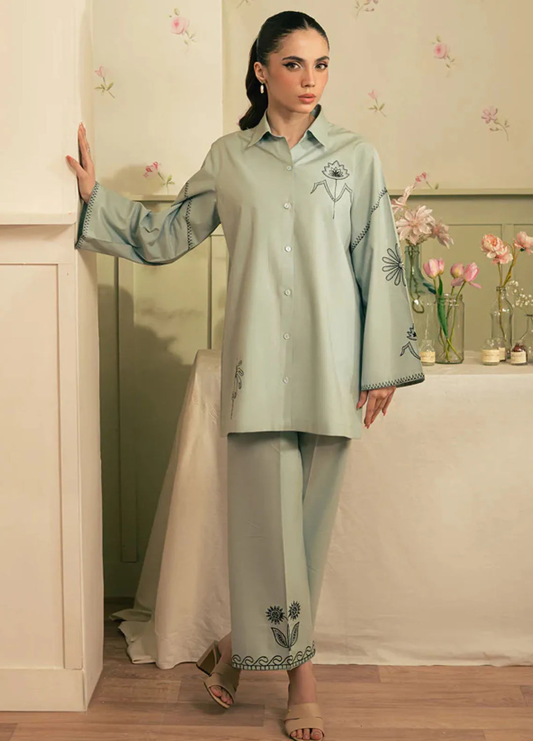 Spring Summer by Sahar Pret Embroidered Cotton 2 Piece Suit Ashen Aqua
