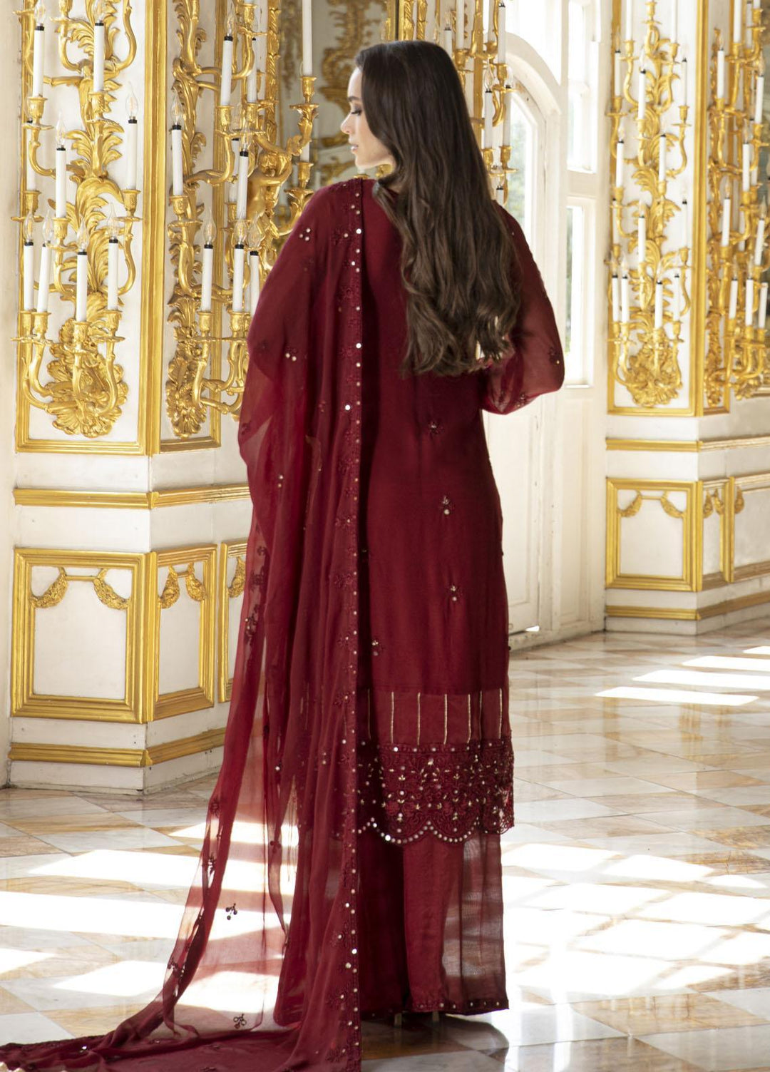 Merakish By Shahzeb Textiles Embroidered Chiffon Suits Unstitched 3 Piece ST23MK-V9 Ruby Red - Luxury Collection