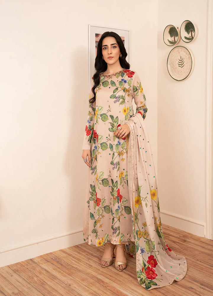 Stitch Vibes Pret Embroidered Silk 4 Piece Suit Beige Silk Dress