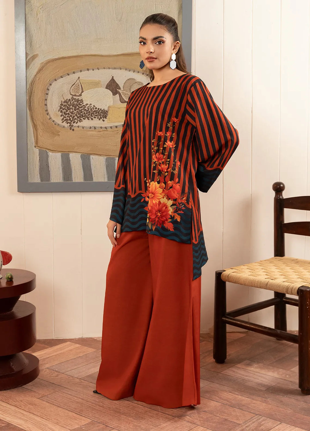 Stitch Vibes Pret Printed Crepe 2 Piece Suit Rust Co-Ord Set
