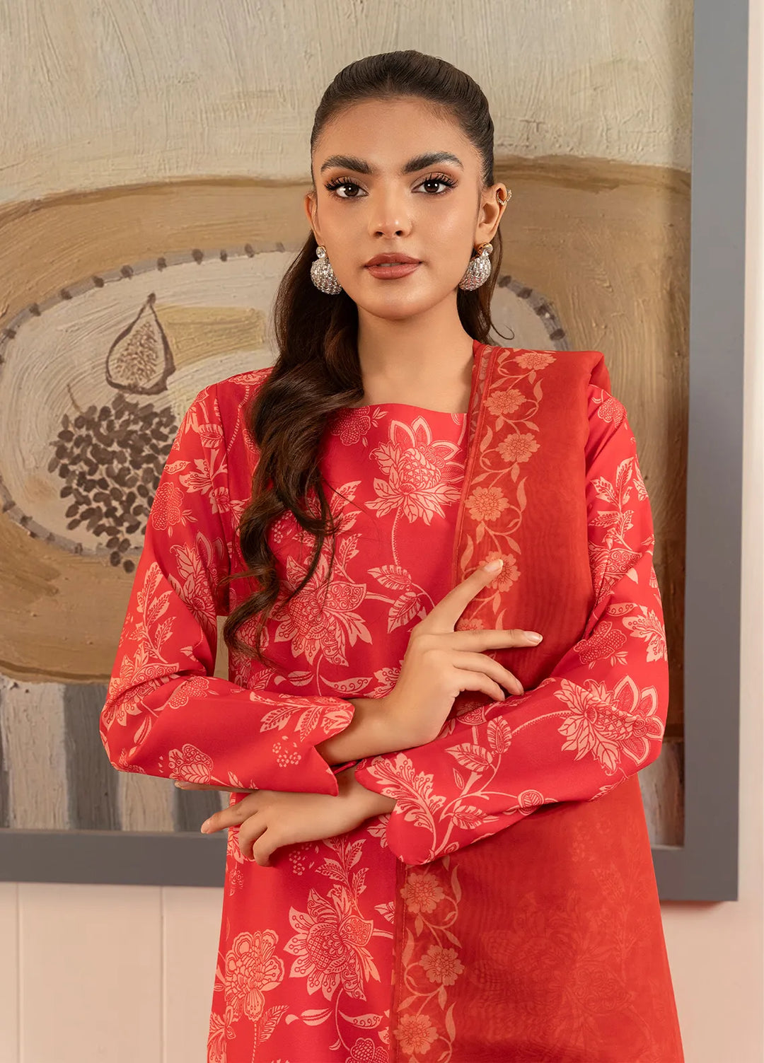 Stitch Vibes Pret Printed Crepe 3 Piece Suit Coral Dress