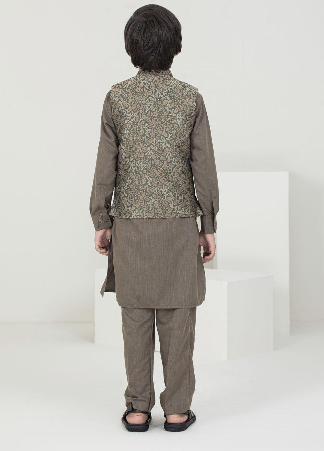 Stylish Jamawar Fancy Waistcoat Suit for Kids -  K-2001 Golden Green