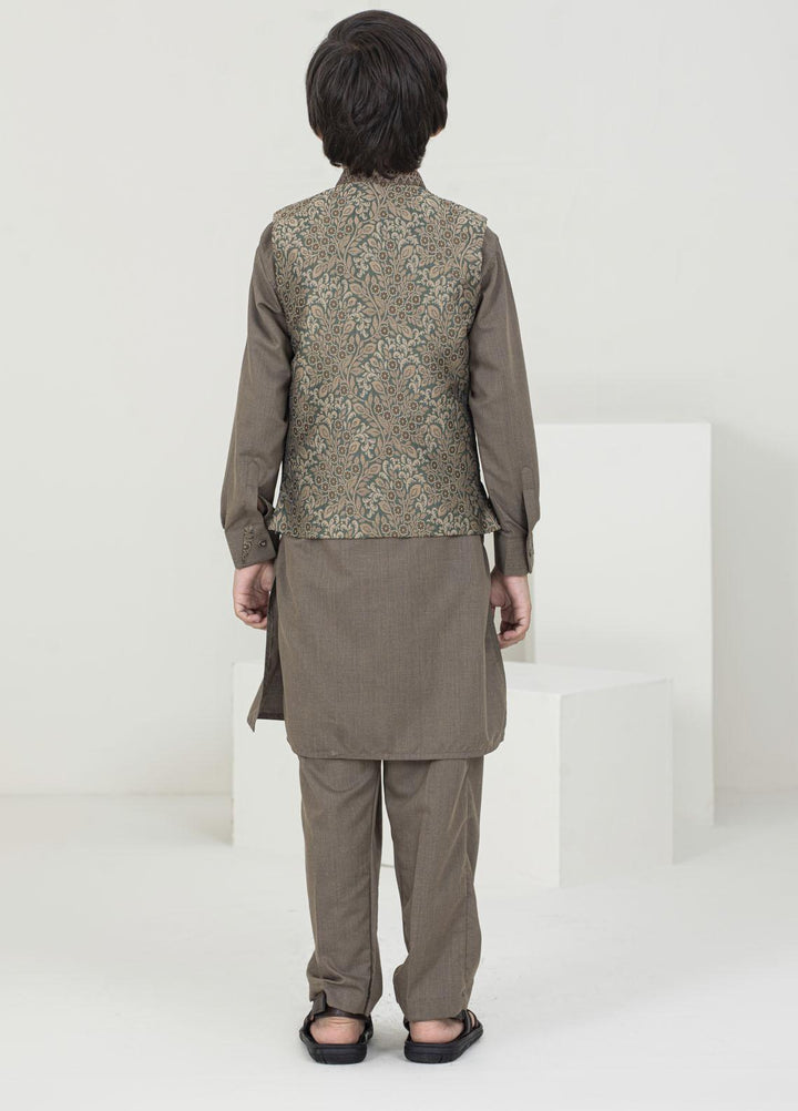 Stylish Jamawar Fancy Waistcoat Suit for Kids -  K-2001 Golden Green