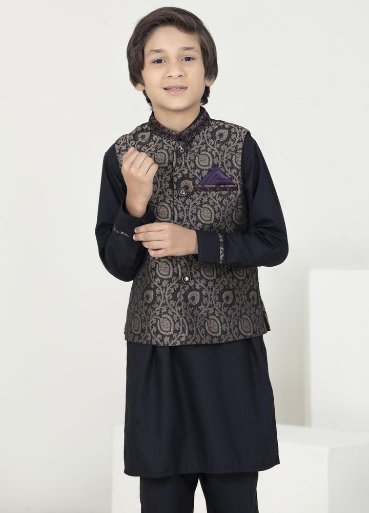 Stylish Jamawar Fancy Waistcoat Suit for Kids -  K-2006 Black Golden