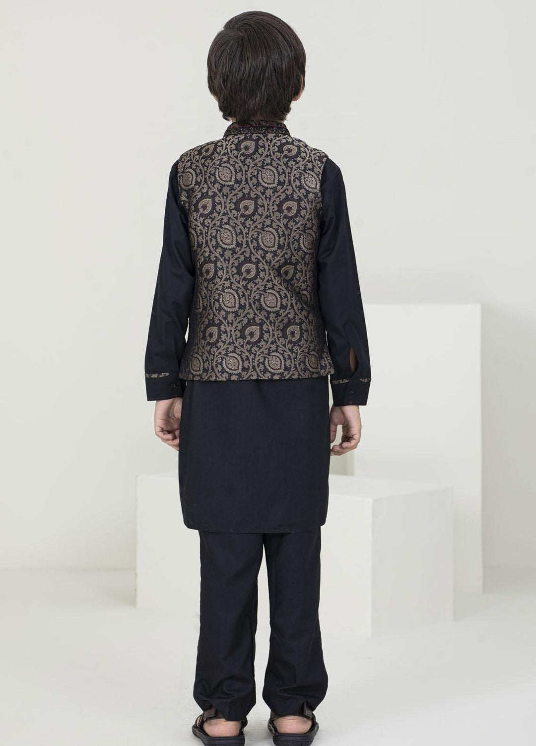 Stylish Jamawar Fancy Waistcoat Suit for Kids -  K-2006 Black Golden