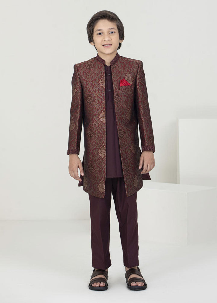 Stylish Jamawar Fancy Sherwani for Kids -  KS-1050 Mehroon