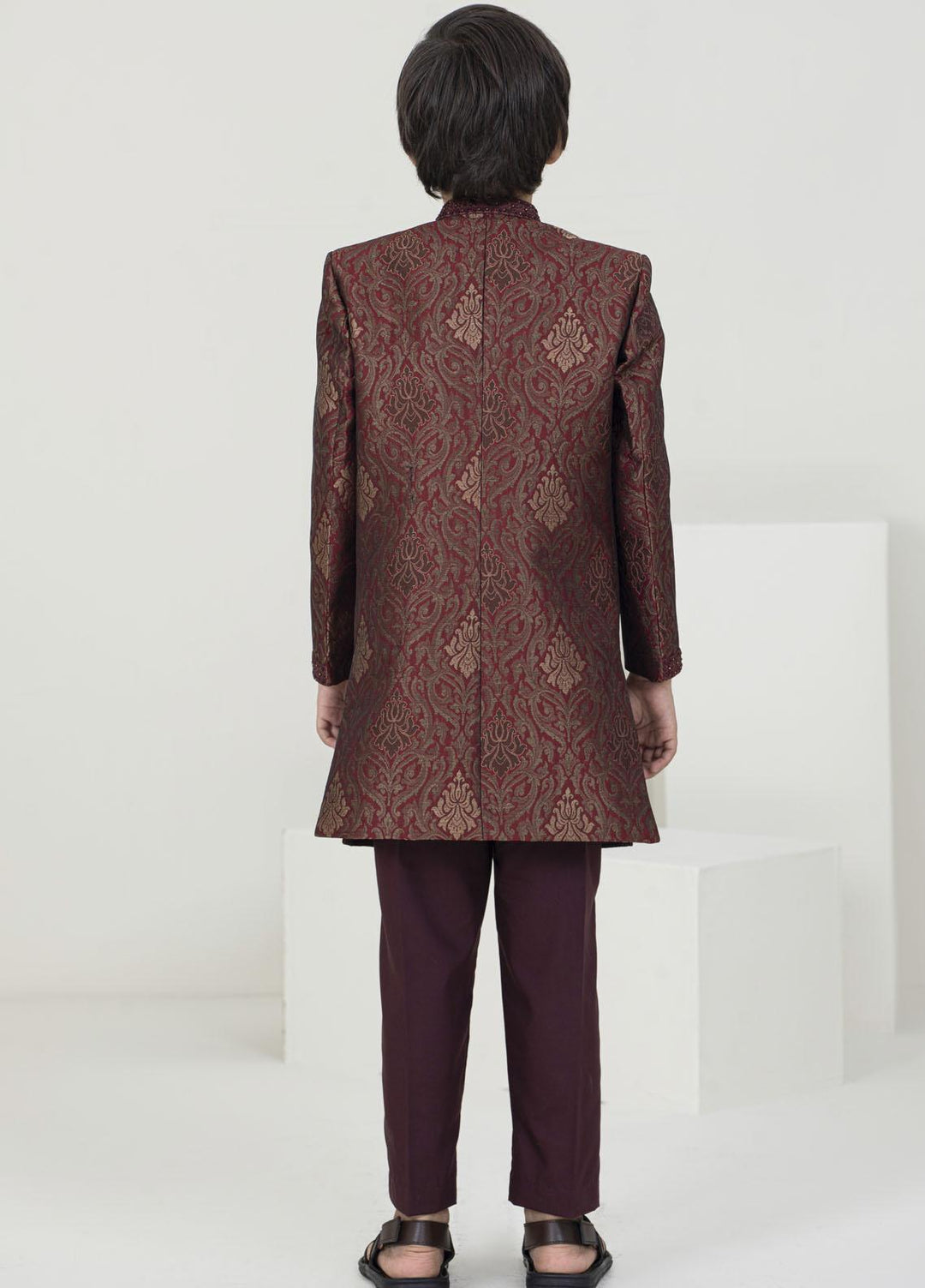 Stylish Jamawar Fancy Sherwani for Kids -  KS-1050 Mehroon