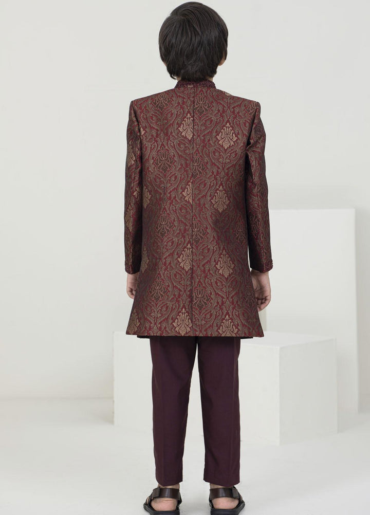 Stylish Jamawar Fancy Sherwani for Kids -  KS-1050 Mehroon