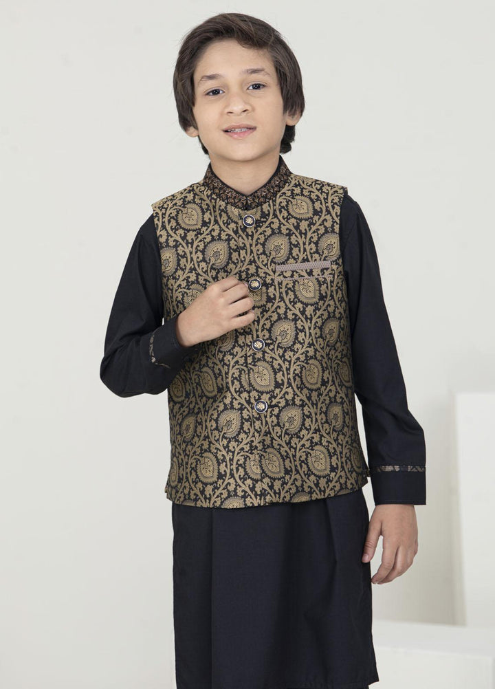 Stylish Jamawar Fancy Waistcoat Suits for Kids -  KW-1752 Black Golden