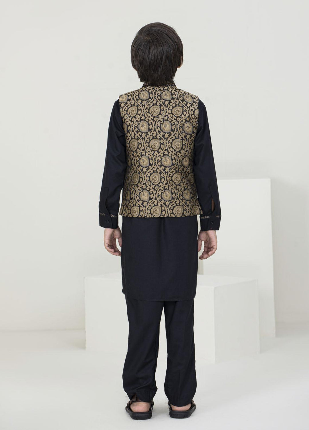 Stylish Jamawar Fancy Waistcoat Suits for Kids -  KW-1752 Black Golden