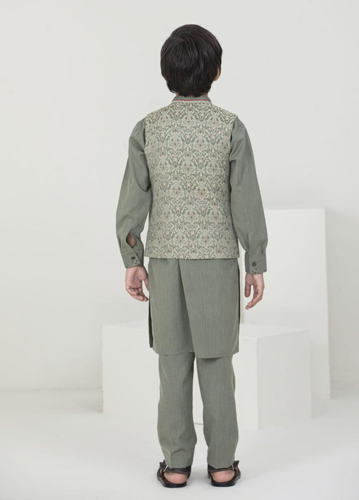 Stylish Wash N Wear Fancy Waistcoat Suit for Kids -  K-2015 Golden Green