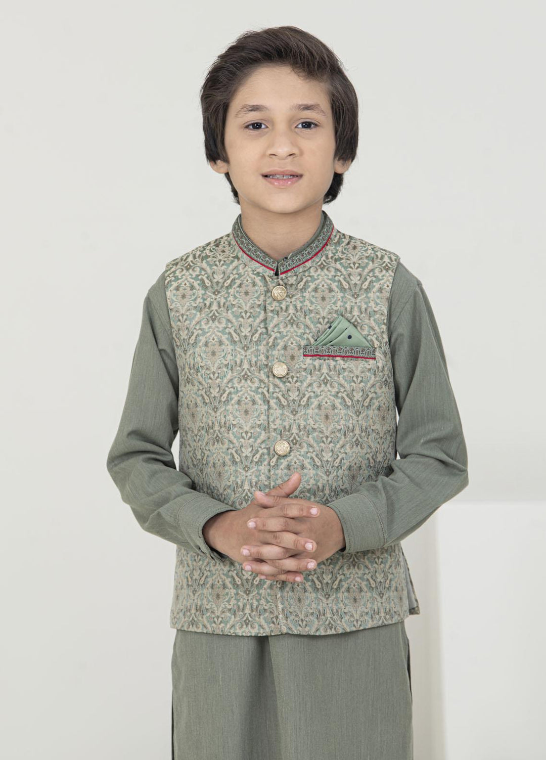 Stylish Wash N Wear Fancy Waistcoat Suit for Kids -  K-2015 Golden Green