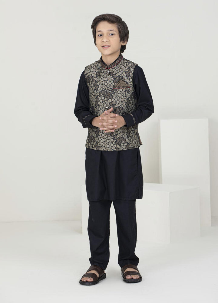 Stylish Jamawar Fancy Waistcoat Suits for Kids -  KW-1753 Black Golden