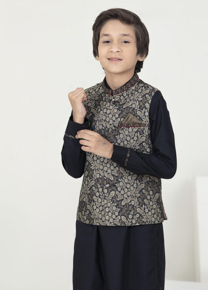 Stylish Jamawar Fancy Waistcoat Suits for Kids -  KW-1753 Black Golden