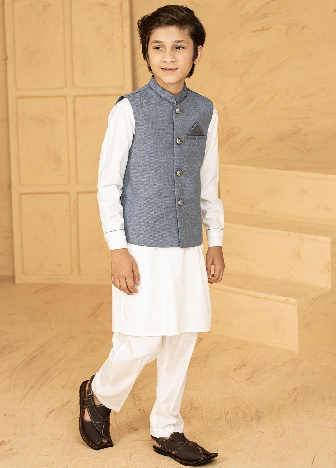 Stylish Wash N Wear Formal Kurta Shalwar & Waistcoat for Kids - Blue K-2008