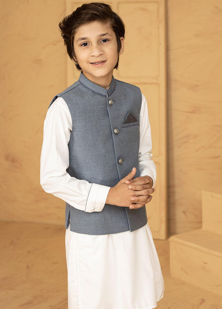 Stylish Wash N Wear Formal Kurta Shalwar & Waistcoat for Kids - Blue K-2008