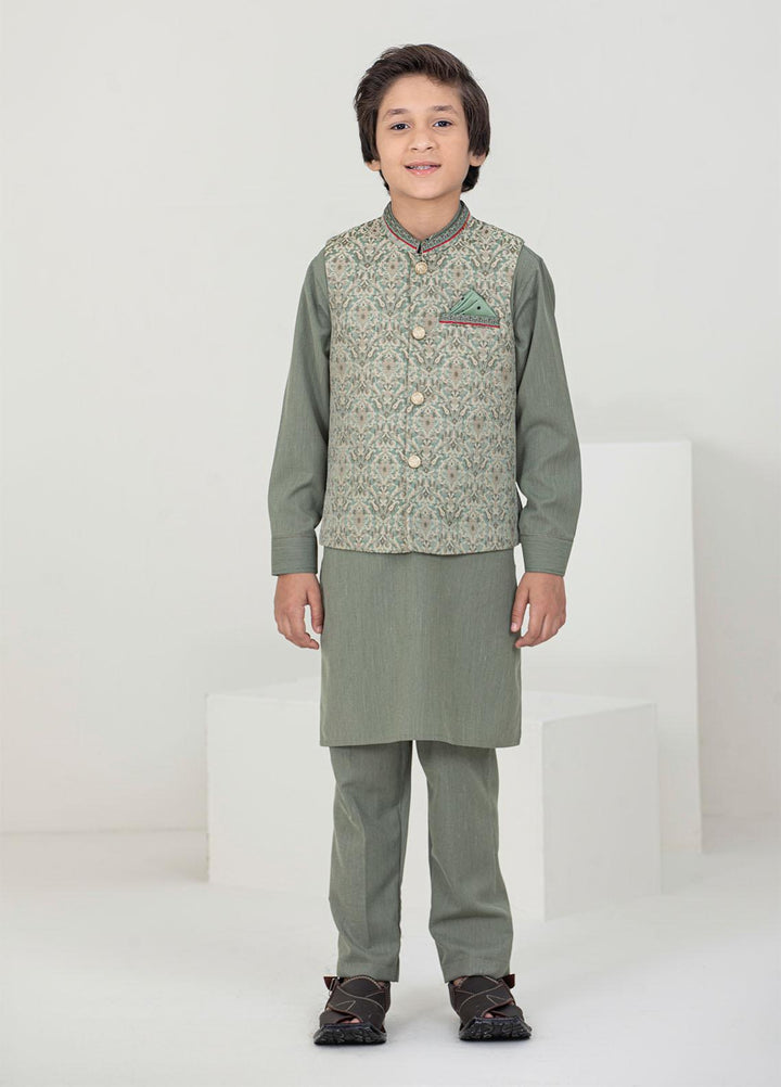 Stylish Wash N Wear Formal Kurta Shalwar & Waistcoat for Kids -  K-2015 Golden Grey