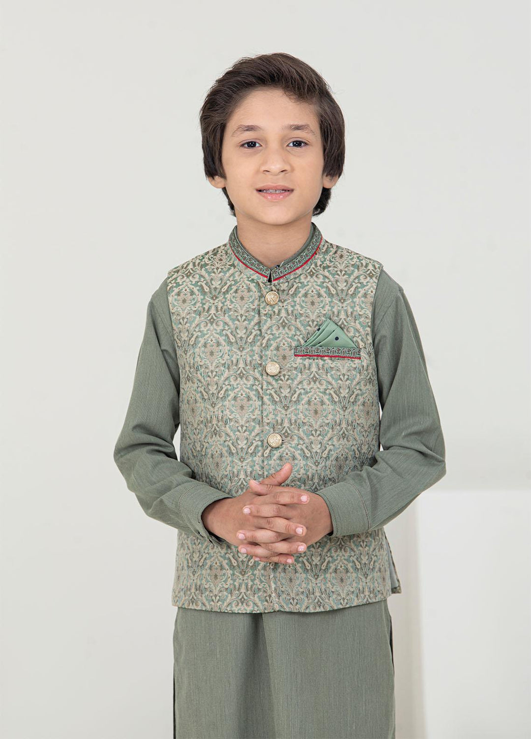 Stylish Wash N Wear Formal Kurta Shalwar & Waistcoat for Kids -  K-2015 Golden Grey