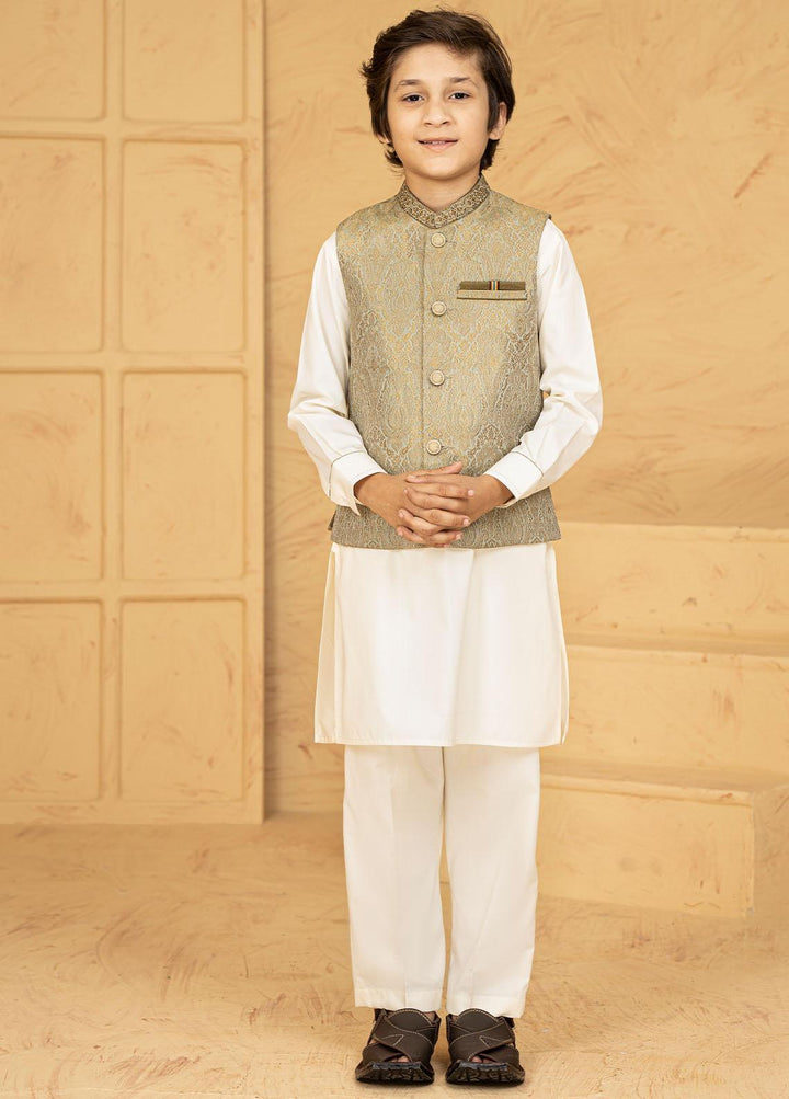 Stylish Wash N Wear Formal Kurta Shalwar & Waistcoat for Kids - Golden Green K-2020