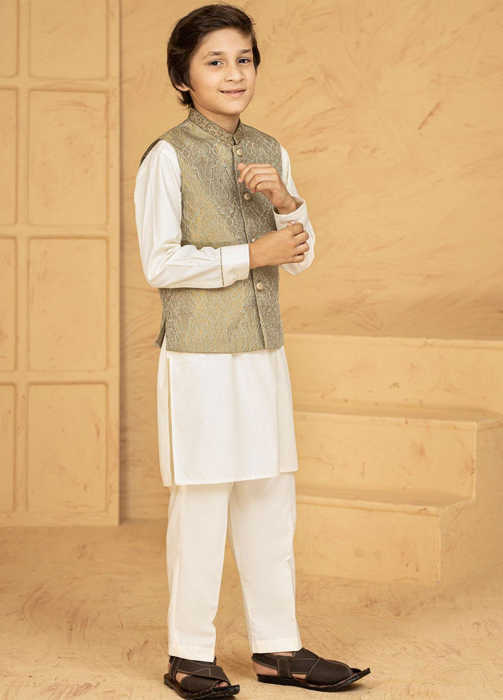 Stylish Wash N Wear Formal Kurta Shalwar & Waistcoat for Kids - Golden Green K-2020