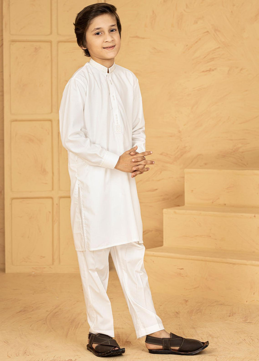 Stylish Wash N Wear Formal Kurta Shalwar for Kids - Off White KTF-2034