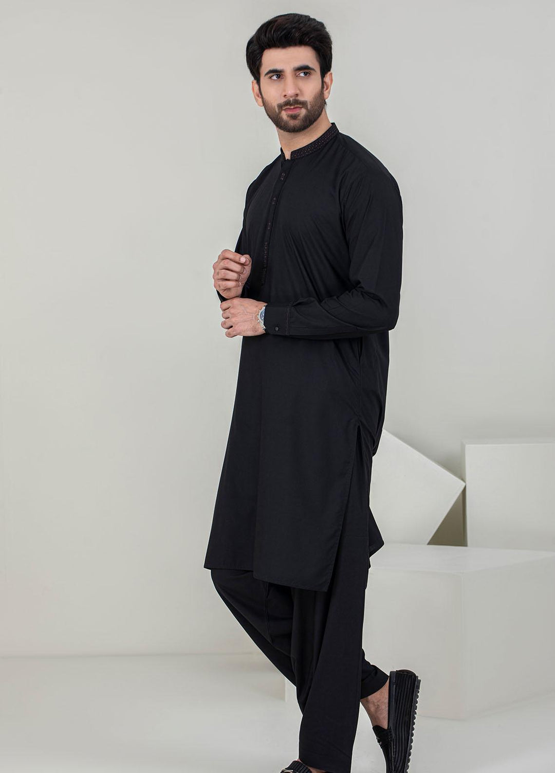 Stylish Wash N Wear Formal Men Kameez Shalwar -  C-9721 Black