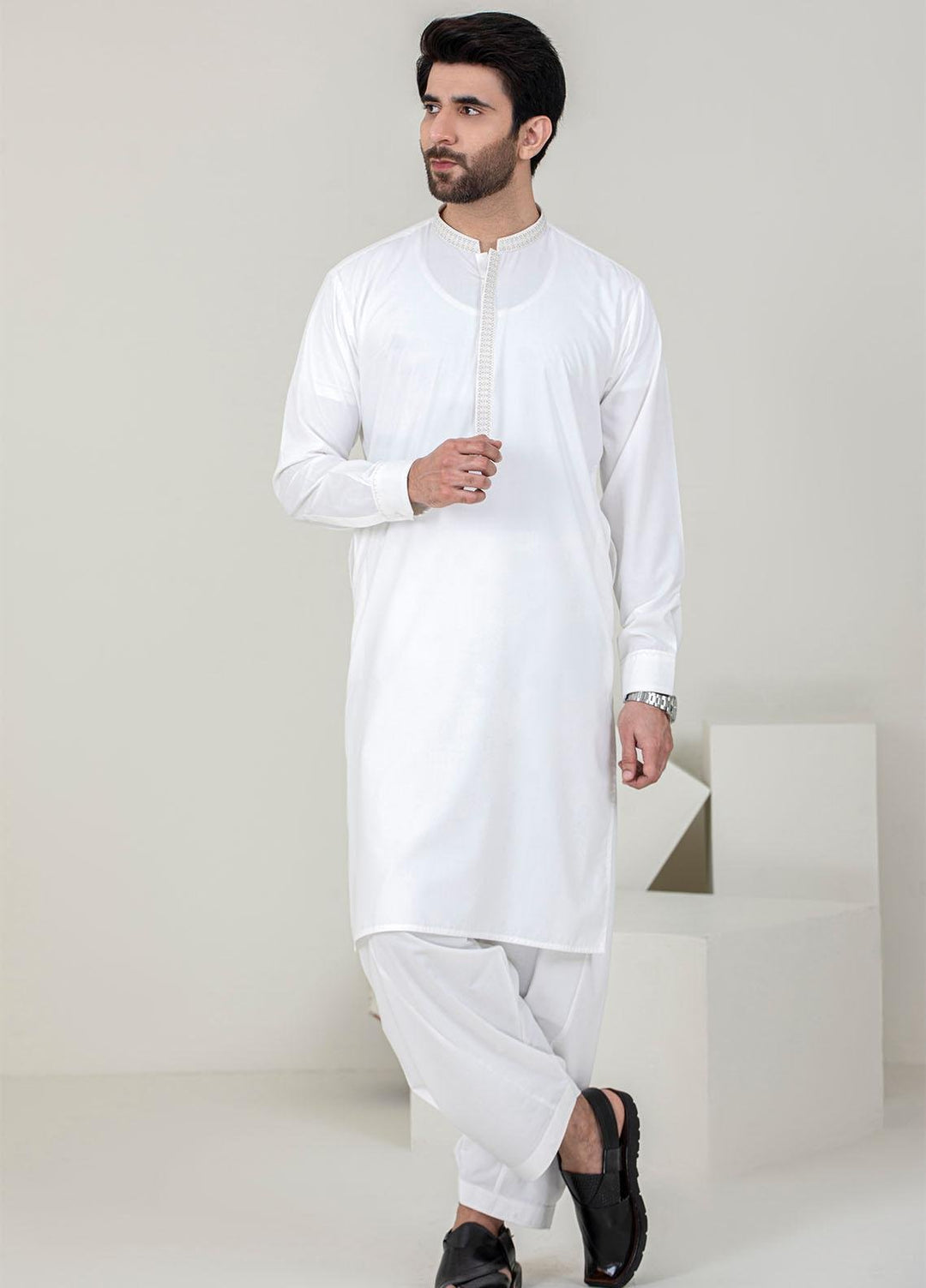 Stylish Wash N Wear Formal Men Kameez Shalwar -  C-9707 Off White