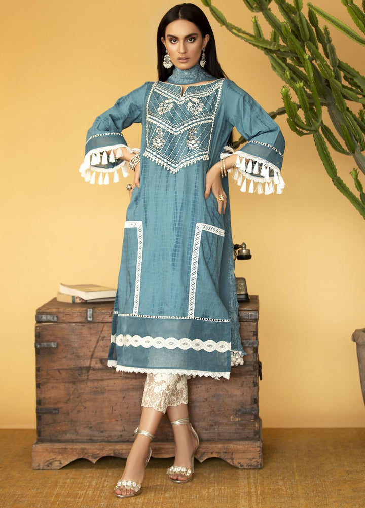 Sadya Sumair Luxury Pret Embroidered Cotton Shirt Chalk Blue
