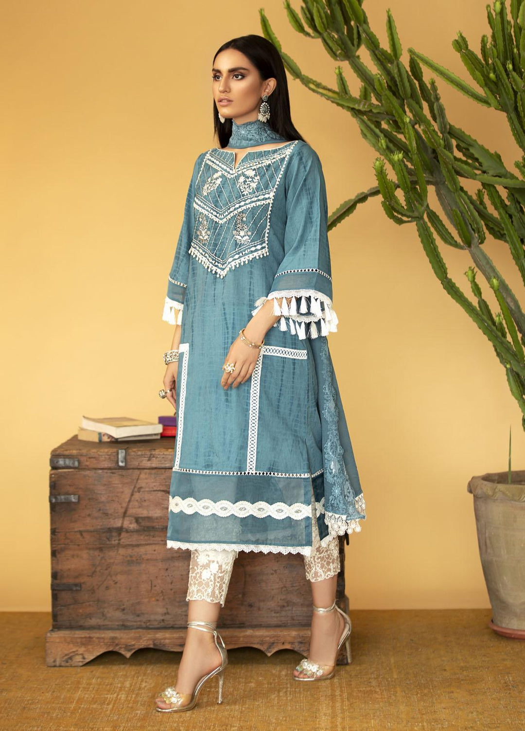 Sadya Sumair Luxury Pret Embroidered Cotton Shirt Chalk Blue