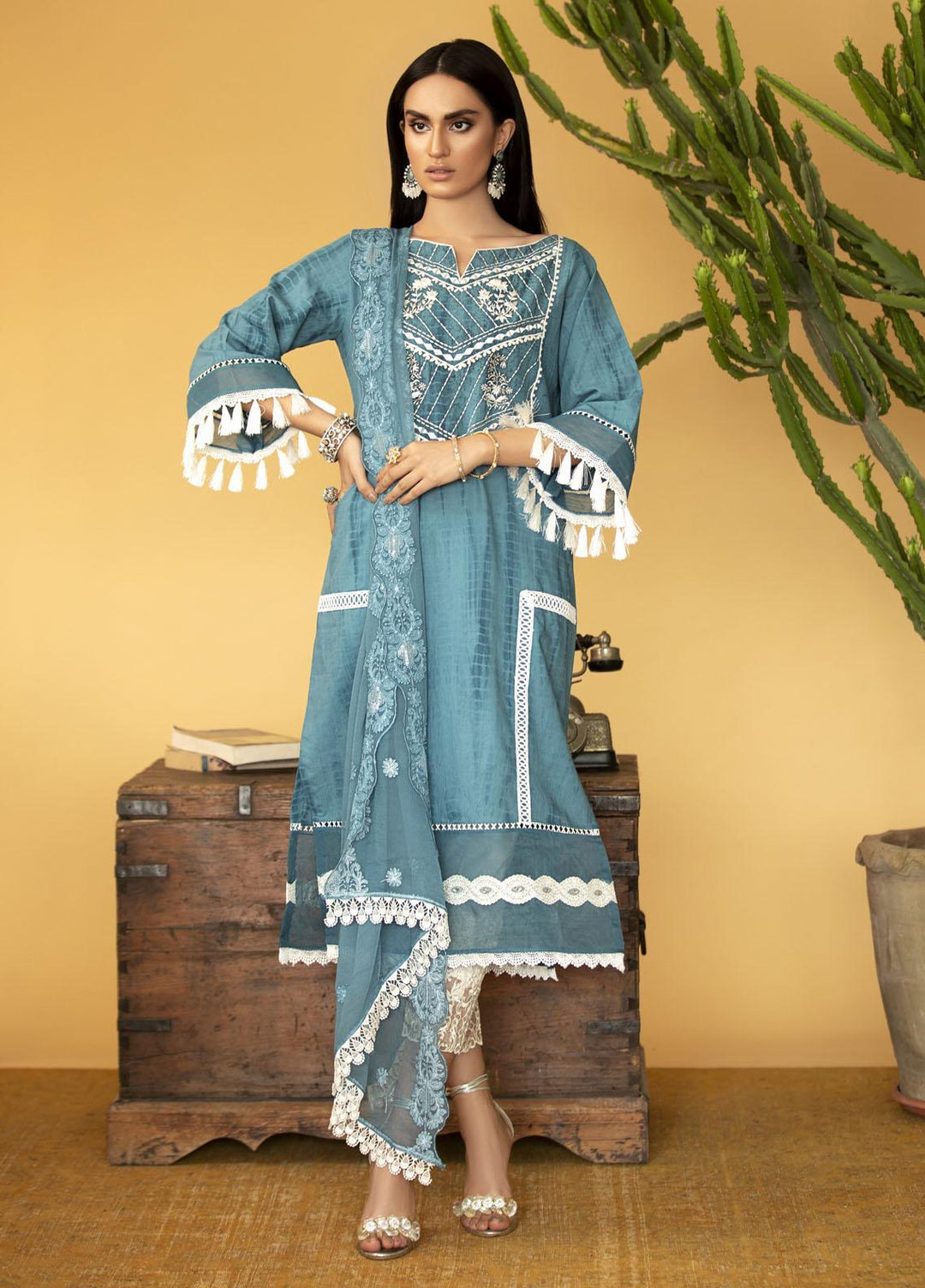 Sadya Sumair Luxury Pret Embroidered Cotton Shirt Chalk Blue